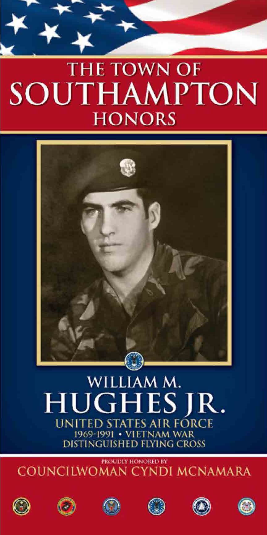 Hometown Heroes banner honoring Bill Hughes Jr., United States Air Force, displayed outdoors.